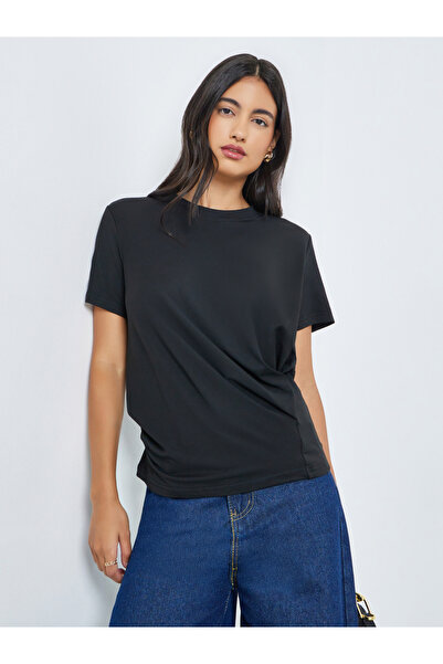 Styli Black Pleated Detail Round Neck T-Shirt