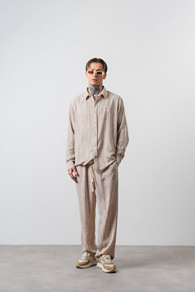 Respire Men's R Embroidered Oversized Shirt Pants Set Beige