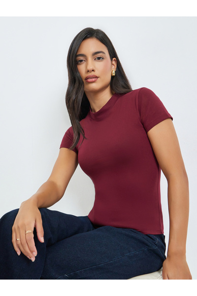 Styli Burgundy Cotton Stretch Fitted T-Shirt