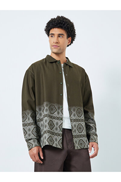 Styli Men Olive Oversized Geo Print Cotton Shirt