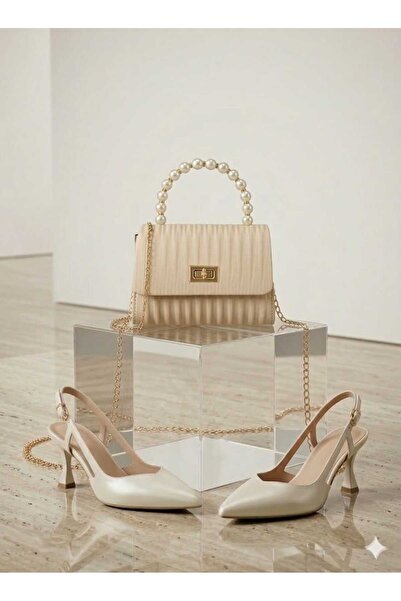 DYG STORE Μπεζ γυναικεία βραδινά παπούτσια με τακούνι 7 εκ. και Τσάντα συνδυα...