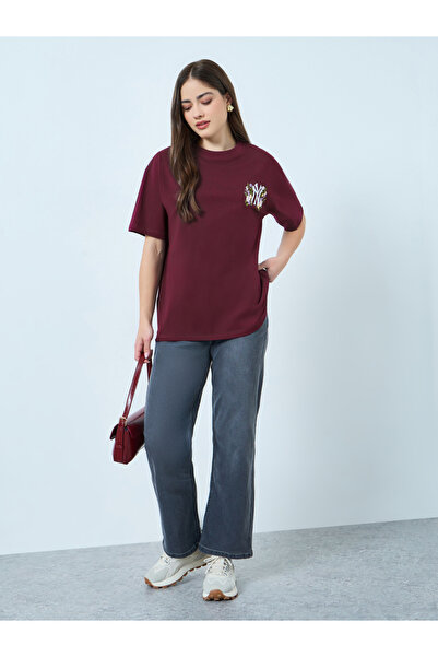 Styli Burgundy Embroidered Cotton Oversized T-Shirt