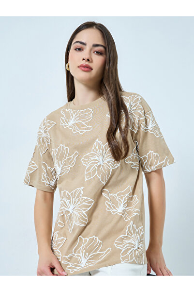 Styli Brown Flower Puff Print Oversized T-Shirt