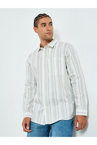 Styli Men White Relaxed Fit Striped Cotton Shirt