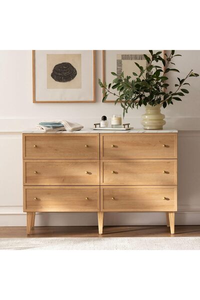 CHOGORI 120cm Mid Century 6-Drawer Chest, Faux Marble Top, Wood Organizer, Na...