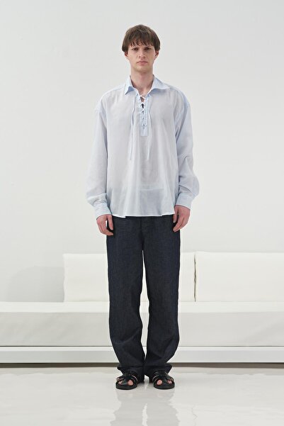 GIESTO D Drapey Light Blue Voile Shirt with Cord on the Collar