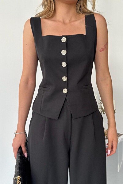 Ded COLLECTION Set de pantaloni vestă pentru femei, cu nasturi aurii decolteu...