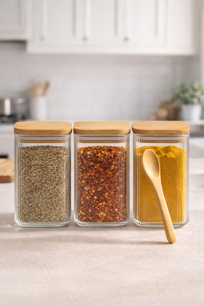 Kitchen Way Bamboo Set of 3 Jars with Lids, Spoons and Seals Kw-373A