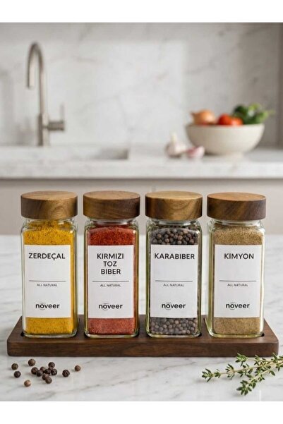 Veyla Style Set of Bamboo Glass Spice Jars with Lids and Stands, 120 Ml, Squa...