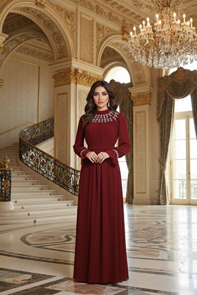 hakimoda فستان سهرة من الشيفون المافيروز باللون العنابي