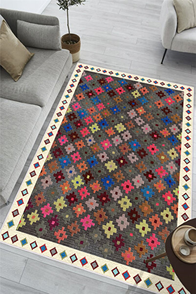 Pelura Halı Renkli Kilim Desenli Dijital Baskılı Yıkanabilir Kaymaz Salon Otu...