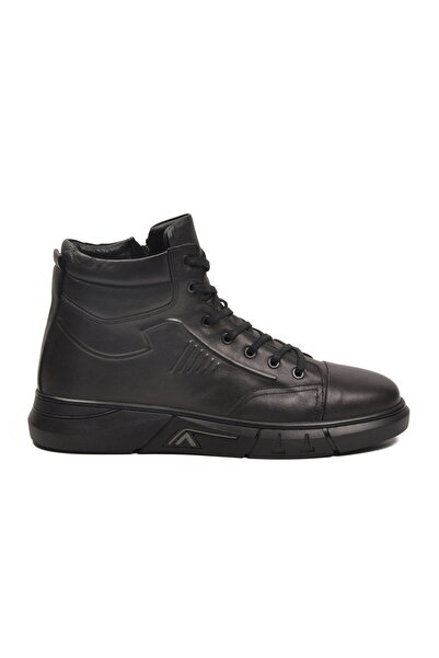 Aspor Black Genuine Leather Fur Men's Flat Boots