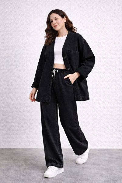1434 Polo State Women's Oversized Denim Set Wide-Leg Pants Casual Jean Set Black