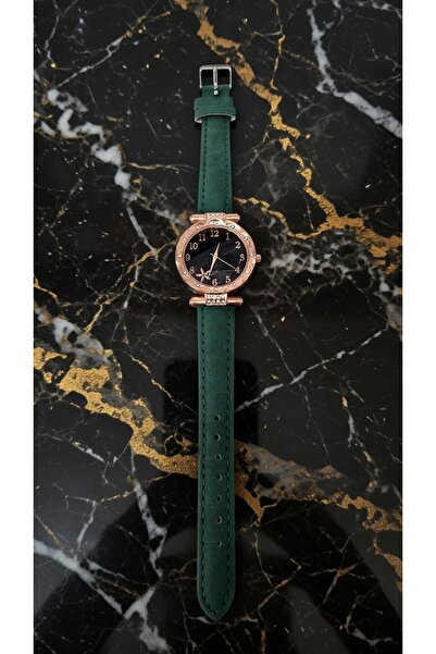 ahsenaksesuar2025 Taşlı Rose Gold Renk Yeşil Deri Kordonlu Siyah Kadran Şık V...