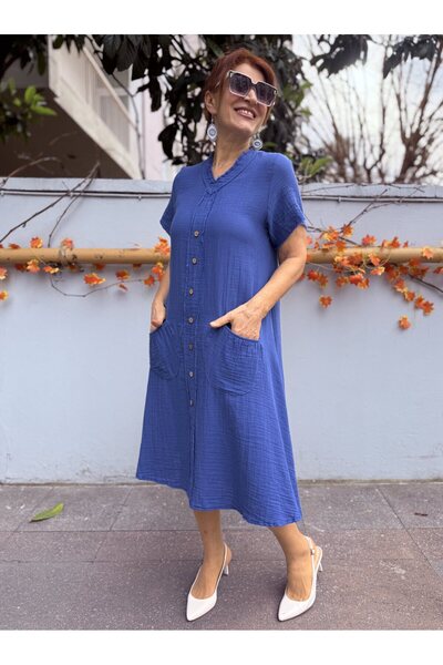 DenizEge Rochie de muselină cloș Albastru Indigo