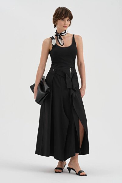 tw3 Kadın Önü Fermuar ve Yırtmaç Detaylı Tasarım Uzun Etek