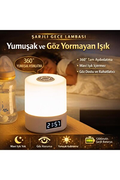 coofbe Parlaklık Ayarlı Şarjlı Saatli Masa Lambası Gece Lambası LED Göz Korumalı Masaüstü Saat Gece