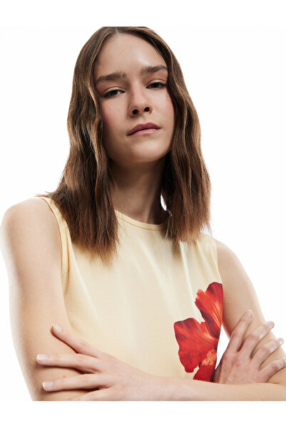 Koton Cotton Lu Slim Fit Crew Neck Hibiscus Floral Print Tank Top