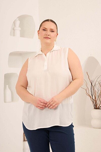 RMG Shirt Collar Sleeveless Plus Size Viscose Blouse Ecru
