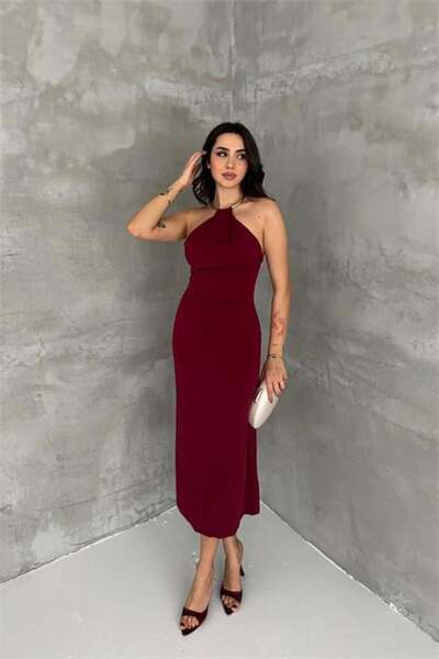Dipmoda Rochie midi de damă bordeaux cu spatele gol cu guler metalic DPK4543
