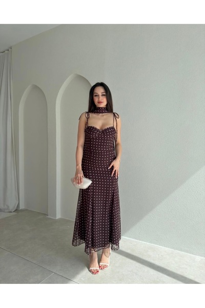 MOVELLA FASHİON New Season Brown Izo Dress with Shawl Details and Polka Dots