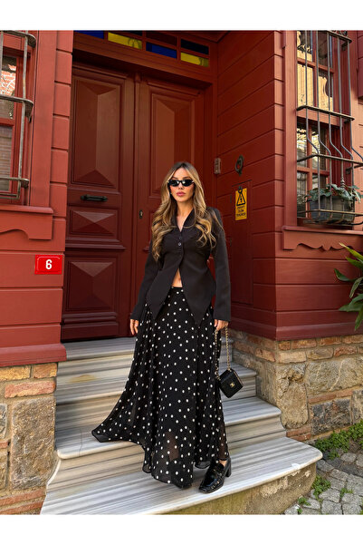 Laluvia Black Chiffon Long Skirt, Pack of Polka Dot - 2506