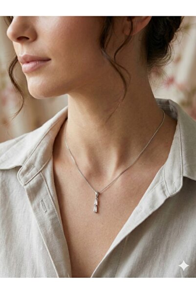 ESRADA 3S Double Baguette Crystal Stone Silver Color Steel Necklace