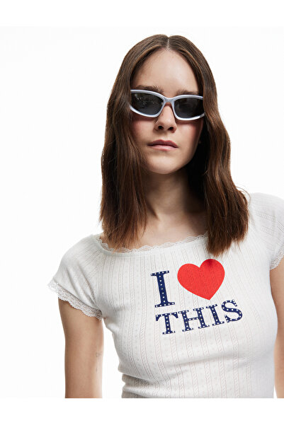 Koton Δαντέλα Λεπτομερές μπλουζάκι Βαμβάκι lu εφαρμοστό με τύπωμα Έξωμο