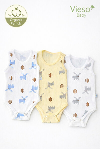 vieso 3'lü %100 Organik Pamuk Tavşan Desenli Kolsuz Çıtçıtlı Bebek Body Atlet