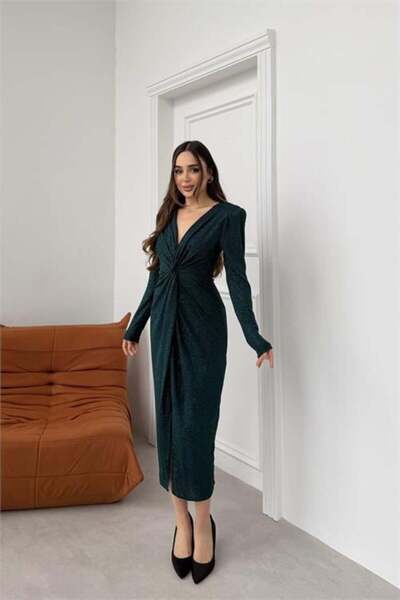 Dipmoda Women's Green Wrap Ruched Glittery Premium Midi Dress Dpelb08