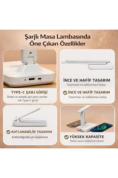 coofbe Ayarlanabilir 3 Renkli Işık Şarjlı Masa Lambası Dokunmatik Katlanabilir Şarjlı Masa Lambası