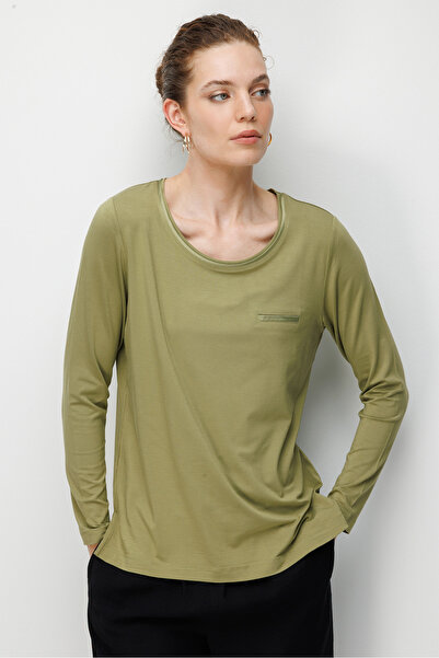 Desen Triko Women's Crew Neck Pocket Satin Striped Combed Cotton Blouse 26832...