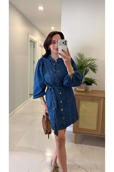 BİRCANÇİL Rochie Ronder bleumarin cu nasturi și curea denim