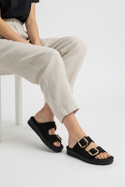 Adım Dünyası Women's Double Buckled Gold Buckled Thick Sole Comfort Slipper –...