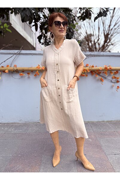 DenizEge Muslin Flared Dress Beige