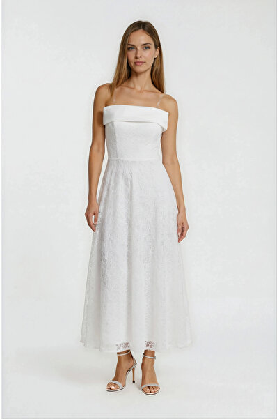 Spazio Straplez Dantelli Mezuniyet Elbisesi EKRU