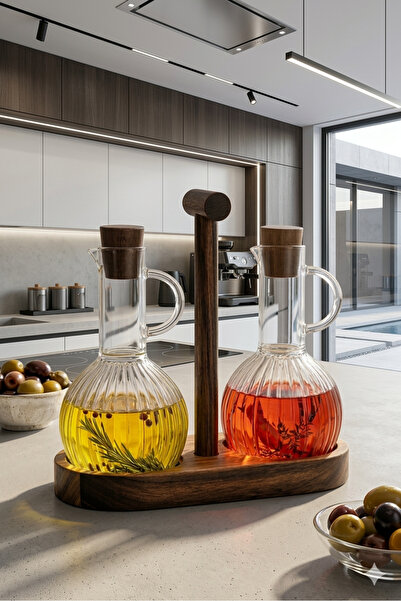 MİS KİTCHEN طقم وعاء زيت ووعاء خل من الزجاج البوروسيليكات مع حامل من خشب الأك...