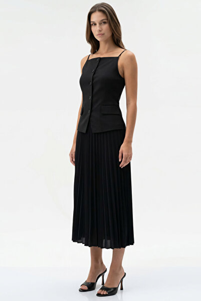 Exquise Kolsuz Pliseli Keten Garnili Regular Midi Elbise