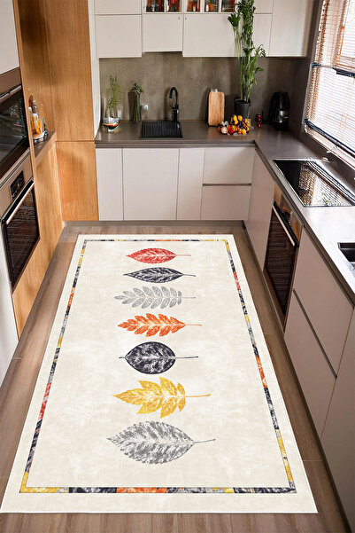 Mortapi Yaprak Desenli Baskılı Kaymaz Yıkanabilir Mutfak Balkon Salon Halısı ...