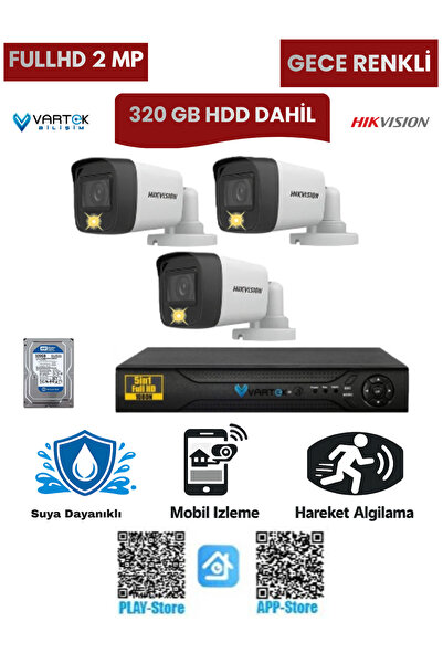 Hikvision 3 Kameralı Güvenlik Kamera Seti 2MP 1080P Gece Renkli Tak Çalıştır ...