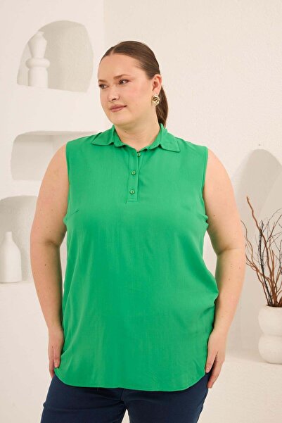 RMG Shirt Collar Sleeveless Plus Size Viscose Blouse Green