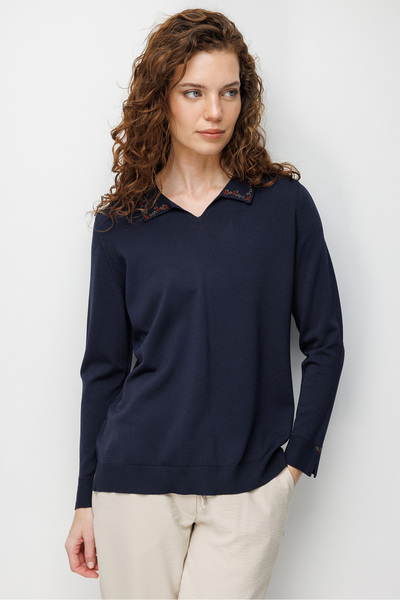 Desen Triko Γυναικεία μπλούζα Polo Neck Με κέντημα Λεπτό πλεκτό 26361 Navy Blue