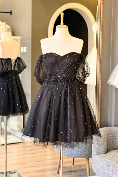 Lenta Moda Siyah İncili Taşlı Mini Abiye ve Mezuniyet Elbisesi