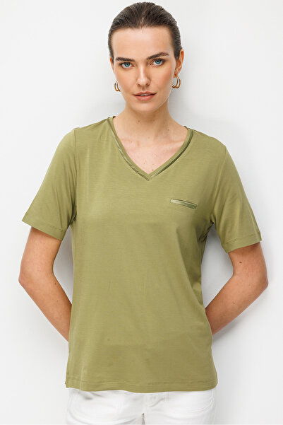 Desen Triko Women's V-Neck Pocket Satin Striped Combed Cotton T-Shirt 26828 G...