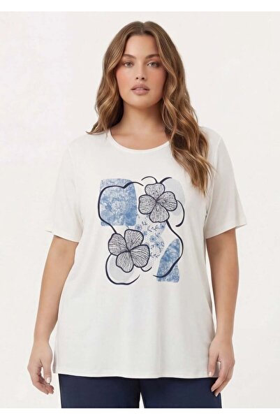 RMG Γυναικείο μπλουζάκι με στάμπα λουλουδιών σε μεγάλο μέγεθος εκρού