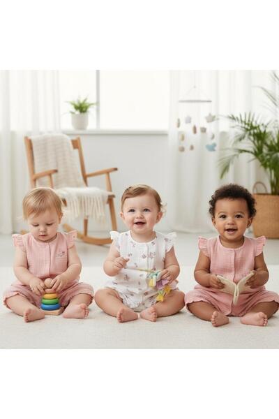 ALTINTAŞ BABY Garden Flowers 3-Piece Muslin Jumpsuit Set