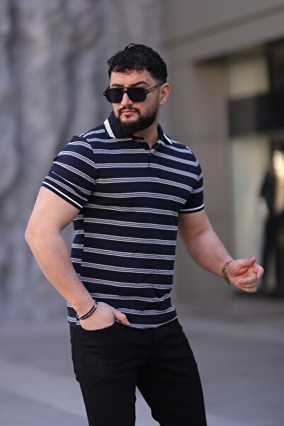 L-KOM Men's Polo Neck Striped Knitwear T-shirt