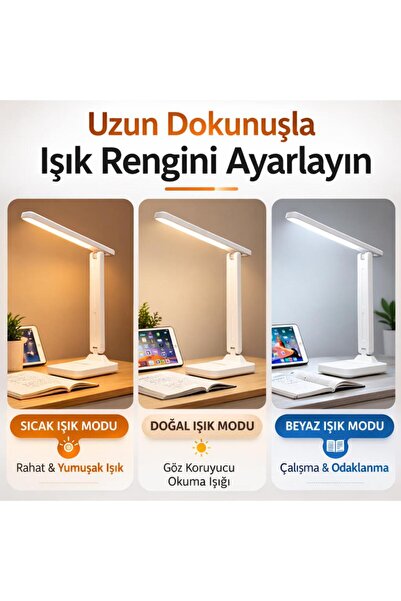 coofbe Ayarlanabilir 3 Renkli Işık Şarjlı Masa Lambası Dokunmatik Katlanabilir Şarjlı Masa Lambası