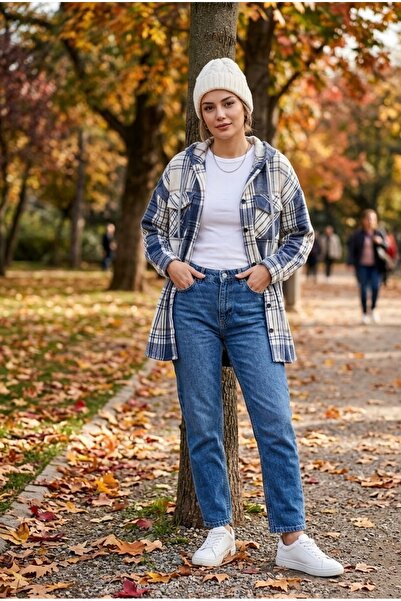 Polologin Butik Hooded Plaid Lumberjack Shirt Jacket - Blue/Ecru