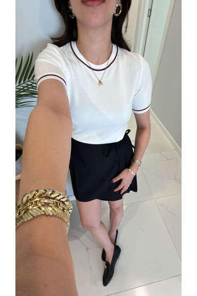 BİRCANÇİL MD Sterad Ekru detaliu cu dungi Tricotaj cu mânecă scurtă